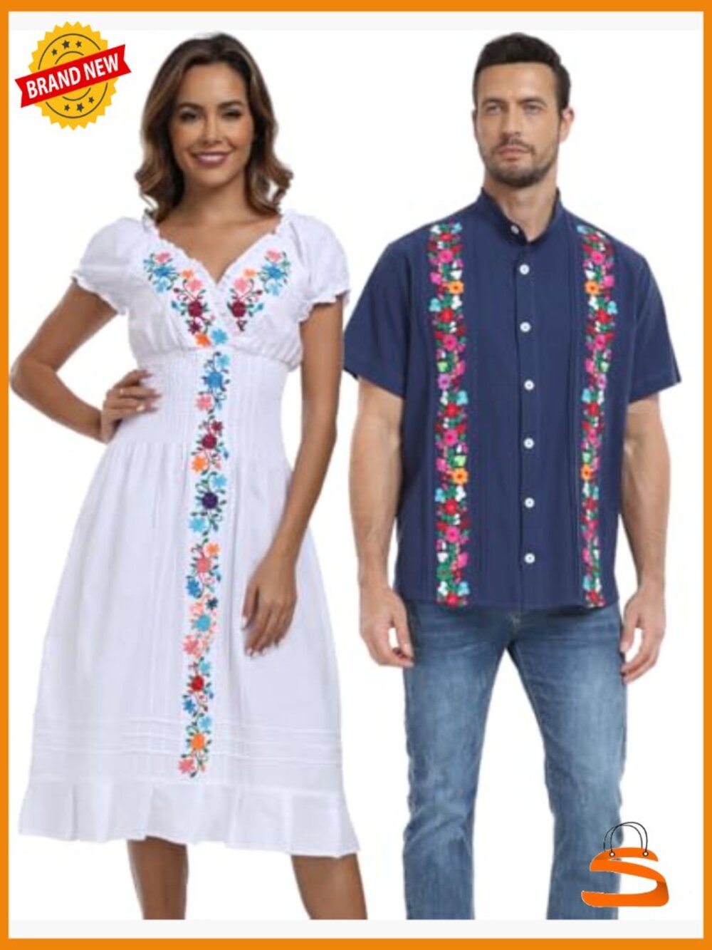 Women's Mexican Embroidered Casual Dress V-Neck Short Sleeves Boho - Picture 5 of 7